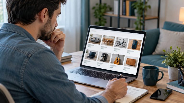 Pessoa a analisar cuidadosamente anúncios de produtos usados